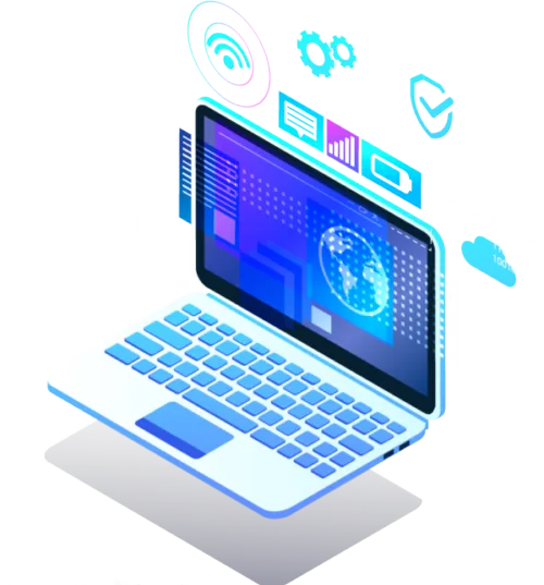 Ilustração de notebook com ícones de diagnóstico, dados e proteção