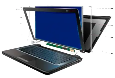 Tela de notebook desmontada mostrando o painel e a moldura